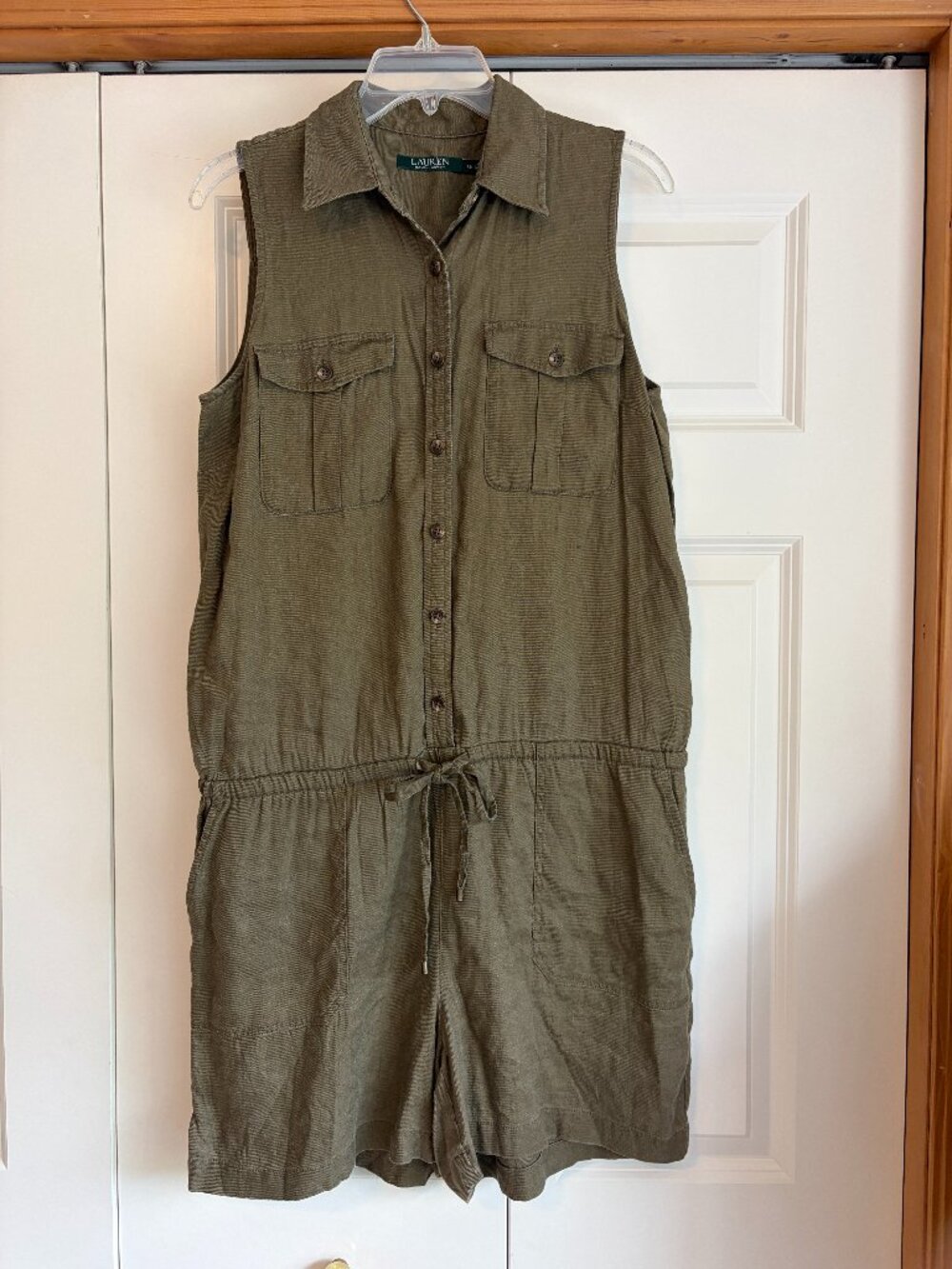 Lauren Ralph Lauren Size 12 Sleeveless Linen Blend Safari Romper /Green.